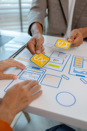 Process of creating an interface for a mobile app, user interface and experience concept, ux, ui, ux developer and ui designer, creative digital development agencyの写真素材