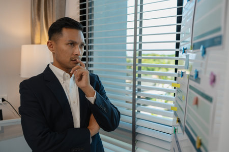businessman in office relaxing in the office, calm businessman sit relax in his private office workplace take a break, happy relaxed young, man, Asian businessman is relaxing after finishing workの写真素材