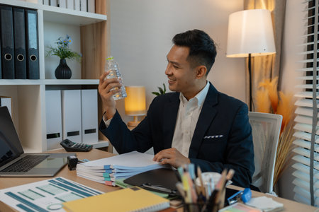 businessman in office relaxing in the office, calm businessman sit relax in his private office workplace take a break, happy relaxed young, man, Asian businessman is relaxing after finishing workの写真素材