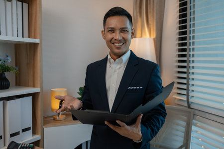 portrait of successful businessman looking at camera and smiling inside modern office, smiling confident business leader looking at camera, happy middle aged business man entrepreneurの写真素材