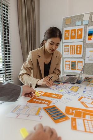 Web designers are working hard to design the appearance of digital products that are colorful, attractive, and user-friendly, while also not cumbersome for users to use.の写真素材