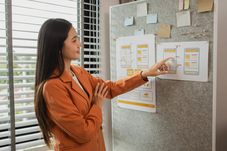UI UX designers team working on new website wireframe in office, ux developer and ui designer use...