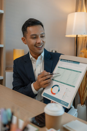 businessman giving presentation in office, an investor pitching to a room with charts and graphs showing the potential of renewable investments, presenting an accounting reportの写真素材
