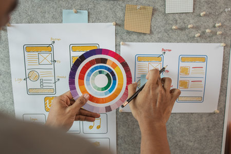 UI UX designers team working on new website wireframe in office, ux developer and ui designer use augmented reality brainstorming about mobile app interface wireframe design on desk at modern officeの写真素材