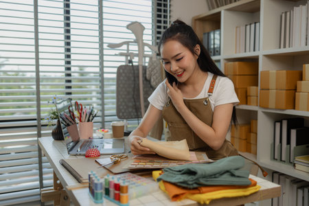 a beautiful female tailor is consulting and talking with a customer to make an agreement that the proposed clothing style matches the customer's requirements, designer, entrepreneur, sewingの写真素材