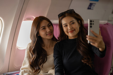two beautiful asian female friends are traveling abroad for vacation by plane and while sitting on...