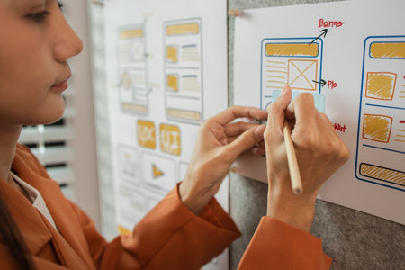UI UX designers team working on new website wireframe in office, ux developer and ui designer use...
