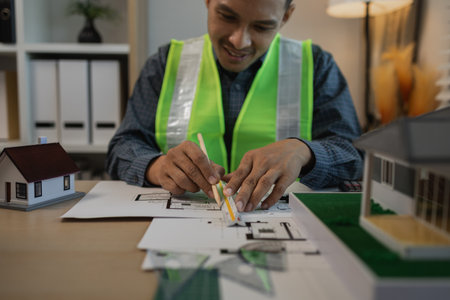 businessman or architect with model of a house working in office, architect working in office with blueprints, engineer inspect architectural plan, sketching a construction project, business concept,の写真素材