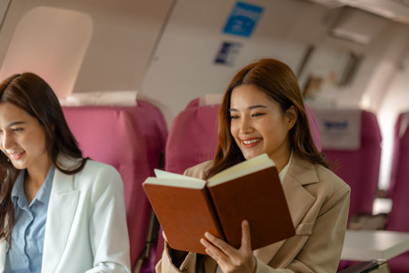 a beautiful businesswoman was traveling to negotiate a business with a business partner abroad by plane, while traveling she checked documents and worked to kill time, businessman, business tripの写真素材