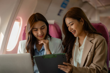 two beautiful female friends are traveling abroad on a vacation by plane, they walk to find their seats and store their bags in the overhead compartment, passenger, airplane, vacationsの写真素材