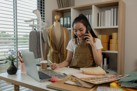 a beautiful female tailor is consulting and talking with a customer to make an agreement that the proposed clothing style matches the customer's requirements, designer, entrepreneur, sewingの写真素材