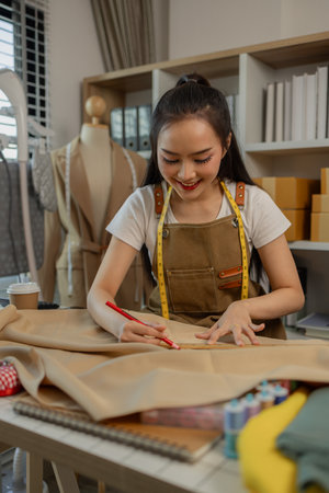 a beautiful tailor is working on her favorite craft in a studio filled with a variety of sewing supplies, fabrics and threads, designer, dressmaker, fashion, entrepreneurの写真素材