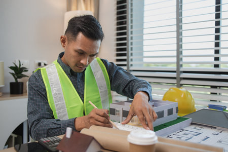 businessman or architect with model of a house working in office, architect working in office with blueprints, engineer inspect architectural plan, sketching a construction project, business concept,の写真素材