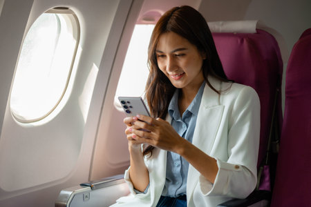an asian woman is traveling abroad for vacation by plane, female traveler using her electronic device in an airplane to entertain herself, young woman flying abroad, journey, passenger, flightの写真素材