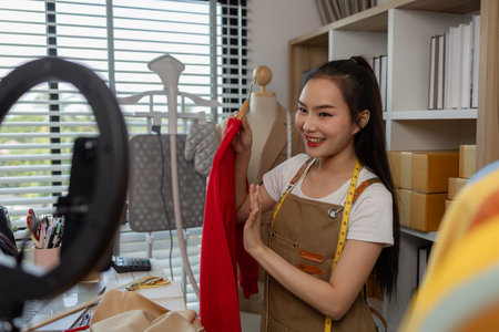 female fashion designer is explaining about her designs to customer watching her live, a tailor is live streaming and sharing details about her designs to help customers make purchasing decisionsの写真素材