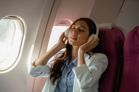 an asian woman is traveling abroad for vacation by plane, female traveler using her electronic device in an airplane to entertain herself, young woman flying abroad, journey, passenger, flightの写真素材