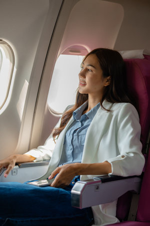 an asian woman is traveling abroad for vacation by plane, female traveler using her electronic device in an airplane to entertain herself, young woman flying abroad, journey, passenger, flightの写真素材