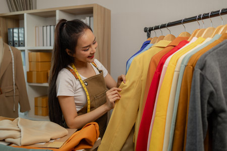 a beautiful female tailor is consulting and talking with a customer to make an agreement that the proposed clothing style matches the customer's requirements, designer, entrepreneur, sewingの写真素材