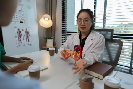 a female doctor is explaining the systems in the human body to two interns, three doctors are meeting to discuss the most appropriate treatment approach for the patientの写真素材