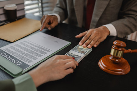 a client is bribing the opposing lawyer in order to win a case, the lawyer is acting unethically and illegally because he is receiving bribes form his client's opponentの写真素材