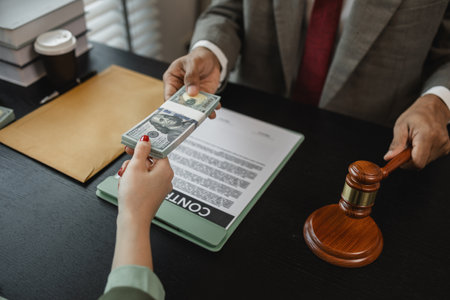 a client is bribing the opposing lawyer in order to win a case, the lawyer is acting unethically and illegally because he is receiving bribes form his client's opponentの写真素材