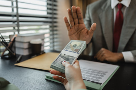 a client attempted to bribe the opposing party's lawyer in order to win a court case, an ethical lawyer refuses to accept money from his client's opposing party, corruption, illegalの写真素材