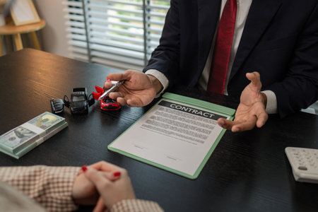 a car salesperson is explaining the details of a car purchase contract to the buyer before signing...