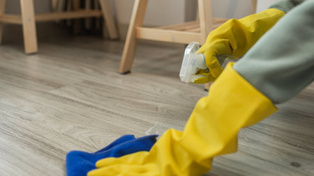 a person is cleaning a room, wearing rubber glove to protect their hands, tidy upの写真素材