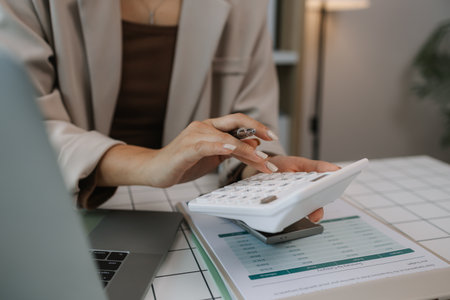 paperwork and report with businesswoman at work in office, computer, data and documents with female...