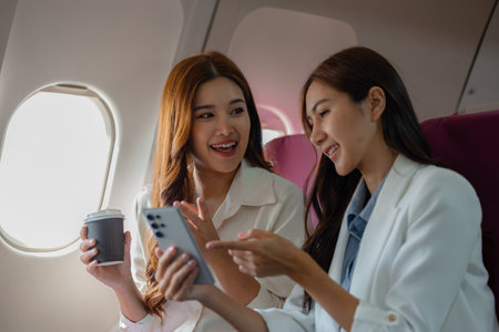 two beautiful asian female friends are traveling abroad for vacation by plane and while sitting on the plane they use electronic devices to entertain themselves during the journeyの写真素材