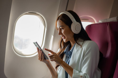 an asian woman is traveling abroad for vacation by plane, female traveler using her electronic device in an airplane to entertain herself, young woman flying abroad, journey, passenger, flightの写真素材