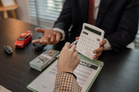 a car salesman is explaining the details of a car and the pricer that a buyer is interested in, the...