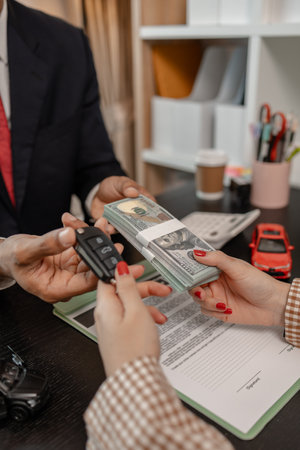 the car sale is completed after the contract is signed, hand over the car key after purchasing the car, pay the car price to the car salesperson at the showroomの写真素材
