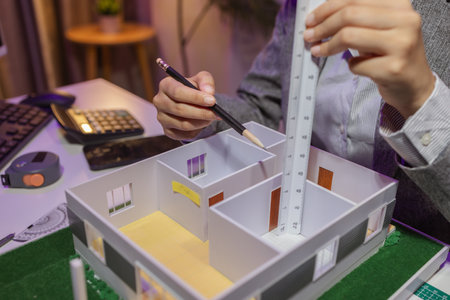 a passionate female architect works in her private office to remodel a house to meet her client's exact needs and meet construction deadlines, house model, engineer, blueprintの写真素材