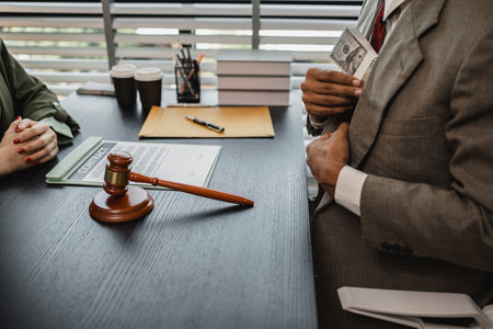 the lawyer is acting unethically because he is receiving bribes form his client's opponent, a client is bribing the opposing lawyer in order to win a case,の写真素材