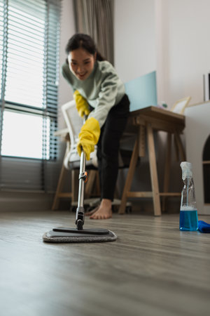 a company's cleaning lady is diligently cleaning the executive's office, the housewife is cleaning...