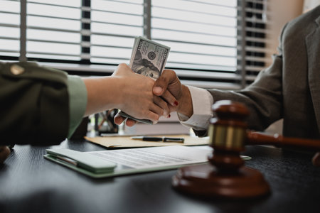 lawyer and client shake hands after receiving money, a client is giving money to the opposing lawyer...