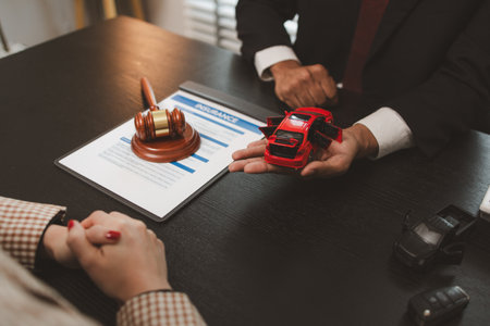 a lawyer explains the details of a car insurance policy and all the costs to a client, a lawyer explains to a client what will happen if she dose not have car insuranceの写真素材