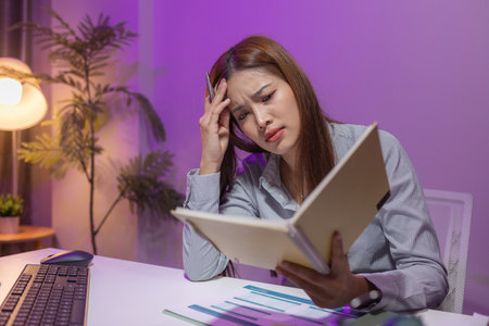 this businesswoman was sitting in her private office working and lost track of time because of the amount of work she had to do, overtime, overwork, tired, overworked, troubleの写真素材