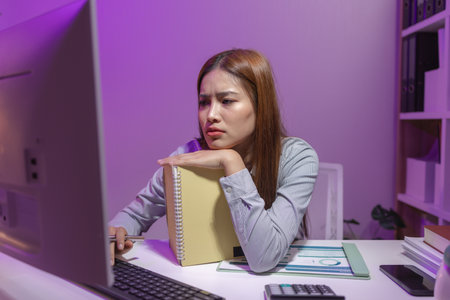 this businesswoman was sitting in her private office working and lost track of time because of the amount of work she had to do, overtime, overwork, tired, overworked, troubleの写真素材