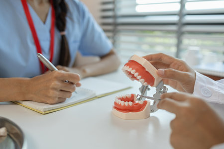 the dentist is explaining to the assistant how she will treat a patient with wisdom teeth, the two dentists discussed the treatment plan for the patient with root canal treatmentの写真素材