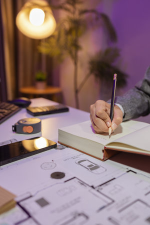 a beautiful female architect is working in her private office because she needs to concentrate on improving the blueprints to be in accordance with the law, engineer, foreman, contractorの写真素材