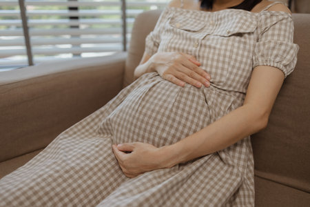 a pregnant mother is relaxing on a sofa in her own home, a woman's pregnancy, family, a woman was...