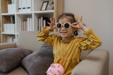 a cut little girl is happy with her beautiful sunglasses on the sofa in the living room at home, the girl is playing in her family's apartment, children, daughter, enjoymentの写真素材
