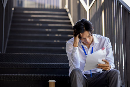 businessman is stressed because of overworked, a company employee is very tired because of the deadline, showing signs of fatigue and stress in the office, serious, entrepreneurの写真素材