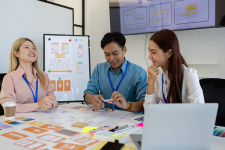 ux, ui, web and mobile app designers are discussing the look and feel of the website or app they are...