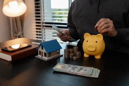 a man uses his savings to buy his dream home, this man plans his finances to buy a home, he uses his savings to buy a home as an investment, financial, money, property, paymentの写真素材