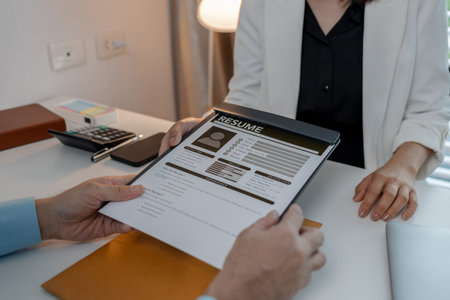 the head of human resources at an accounting firm is interviewing a candidate for a marketing position, resume, recruitment, hr, job interview, he submits his resume to the HR department in the officeの写真素材