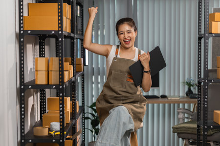 a small online business owner is feeling very happy because her business is successful, the entrepreneur shows her joy while she is in her warehouse, parcel, small business, joyfulの写真素材