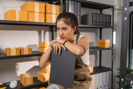 an online business owner shows signs of stress due to a high volume of returned packages from customers, an employee working in a warehouse is stressed due to overwork, parcel, package, storageの写真素材